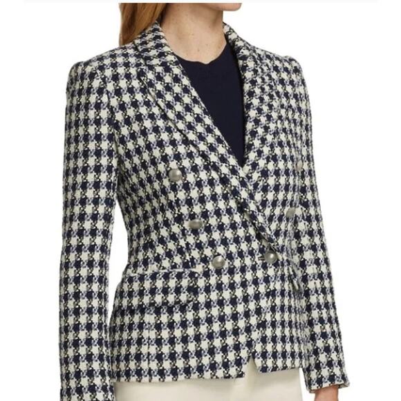 L’AGENCE Kenzie Double-Breasted Navy Ivory Tweed Blazer Size 10 - Picture 4 of 8